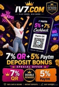 iv7 game app Happy girl jumping in white t-shirt and jeans promoting IV7.com 7% QR + 5% Paytm cashback deposit bonus with smartphone QR code
